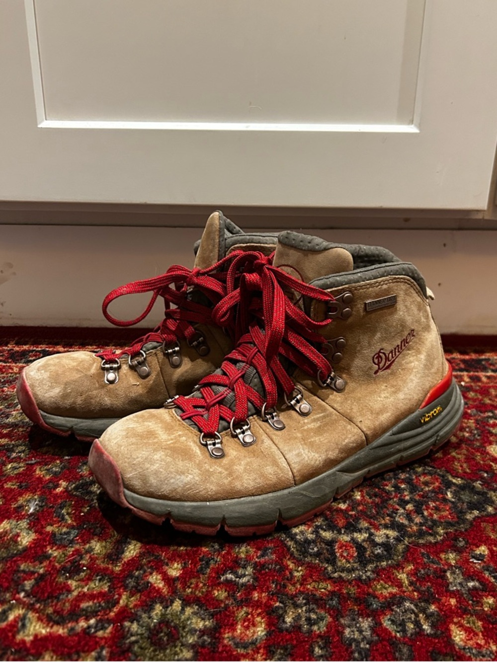 Danner Mountain 600 Tan Suede Hiking Boots with Red Laces and Accents